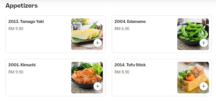 Warakuya Appetizer Menu
