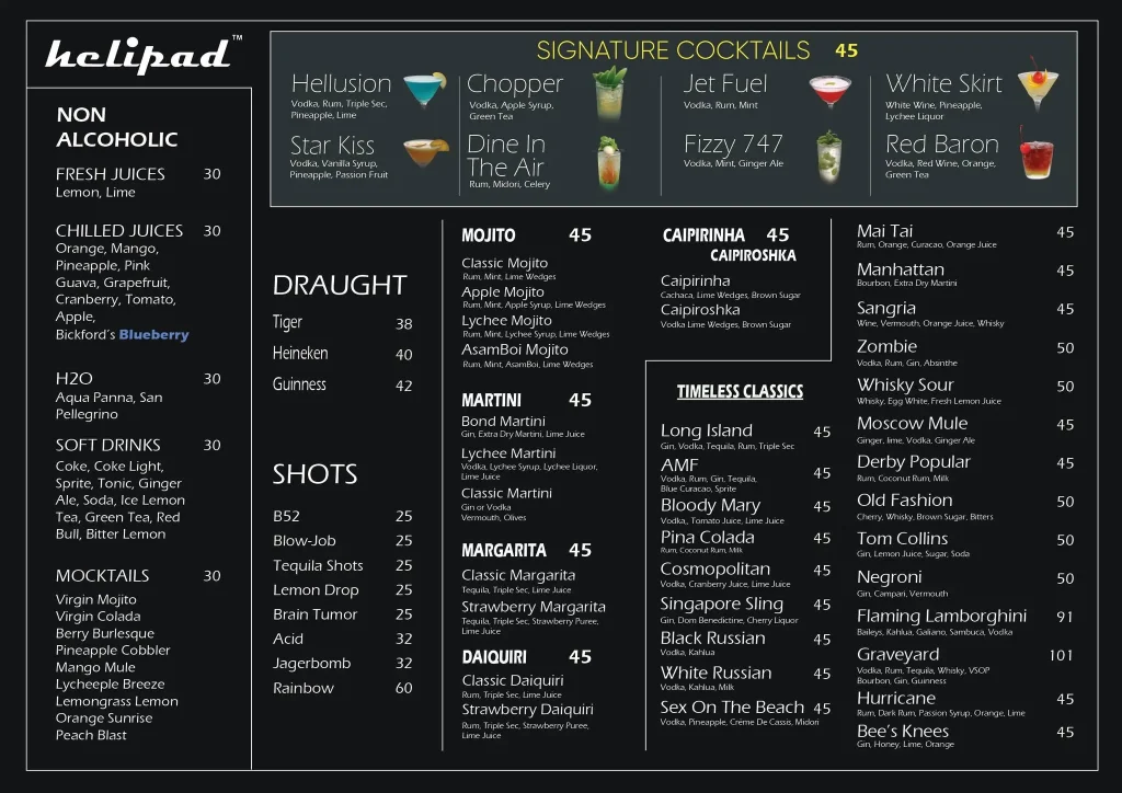 Heli Lounge Bar Malaysia Menu Drinks