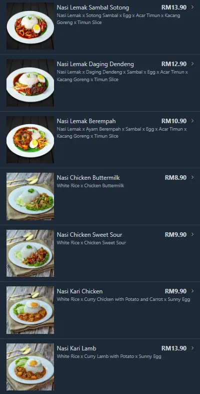Nasi items Prices Soru Station Menu
