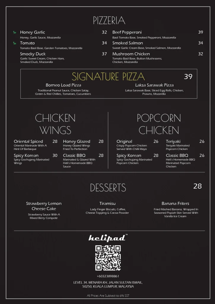 Heli Lounge Bar Menu Main Prices