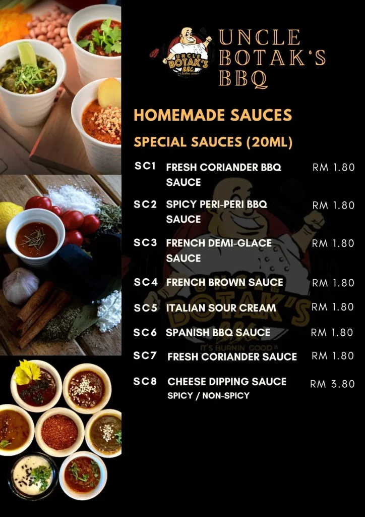 Menu Sauces Uncle Botak BBQ Prices
