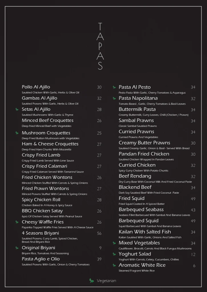 Heli Lounge Bar Tapas Menu