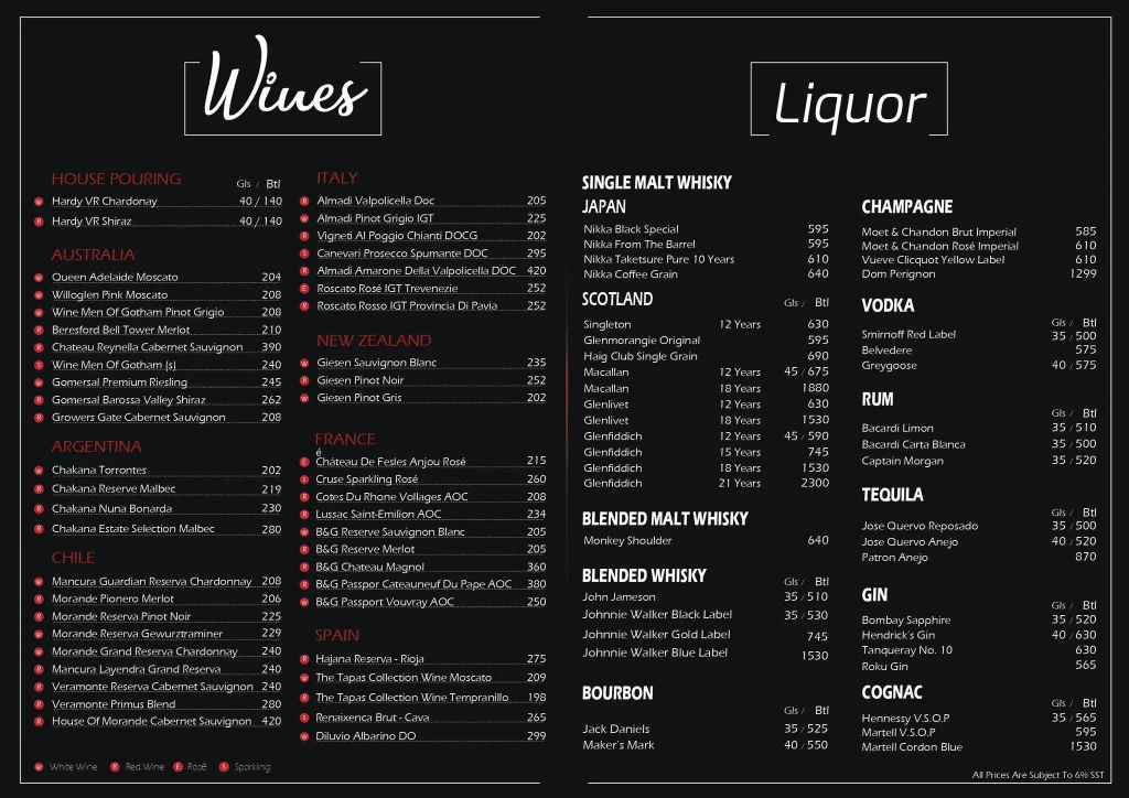 Malaysia Menu Heli Lounge Bar Wine Prices