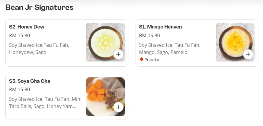 Bean Jr Signature Menu Prices